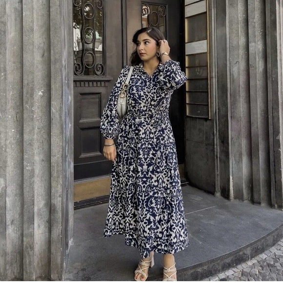 ZARA Navy Blue White Printed Midi Shirt Dress Size XL
Kaftan‎ Boho Work Vacation - Picture 9 of 15